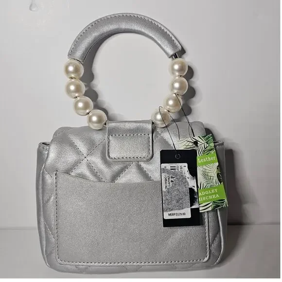 Badgley Mischka Mini Handbag Vegan Leather Silver and Pearls - Picture 2 of 5